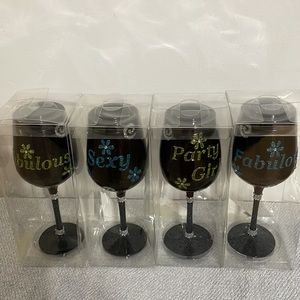 Set of 4 black glass wine glasses 2 - Fabulous, 1 -Sexy and 1 -Party Gir…